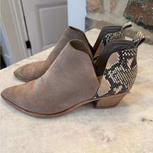 Dolce Vita Taupe Suede Cutaway Ankle Booties with Snake-Print Heel